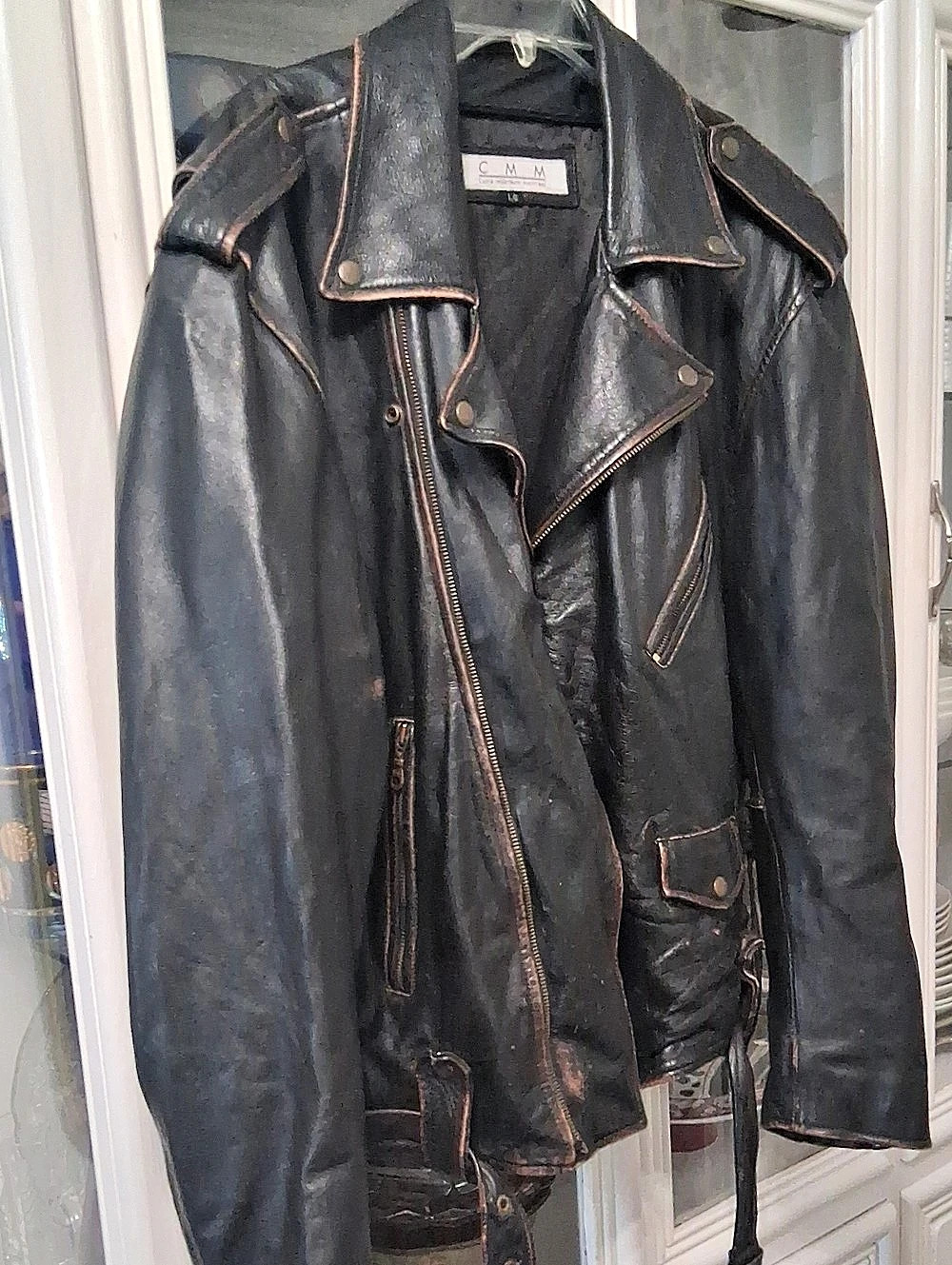 C Medium-14 Leather Moto Jacket Black Large MENS